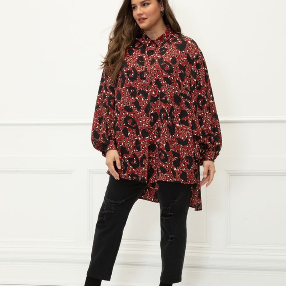 Eloquii Elements Poet Sleeve Tunic,Eloquii Red Black Animal Print High Low Tunic